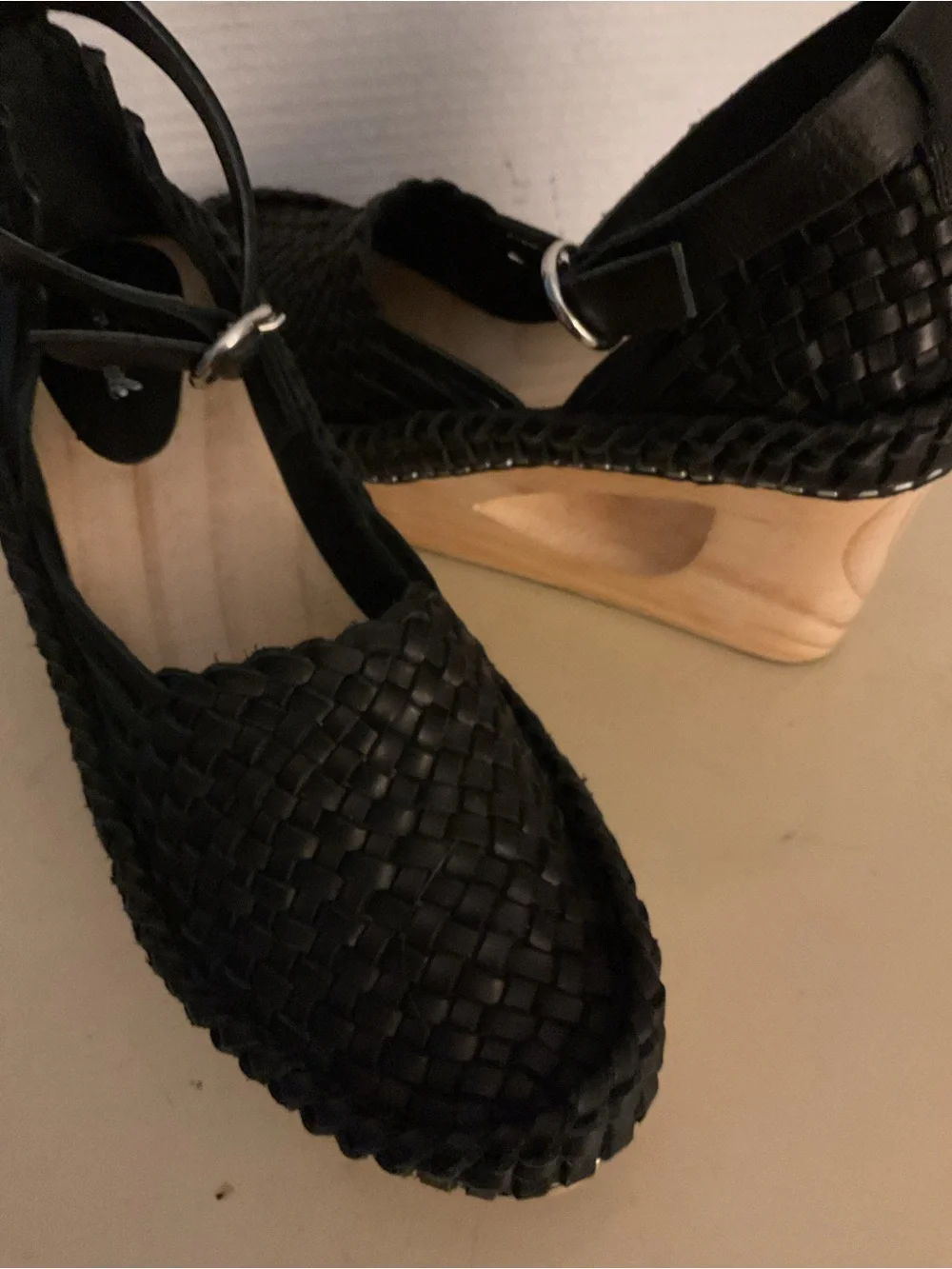 Free People women Black leather Woven Ankle-Strap Platform Wedges sandals US 8